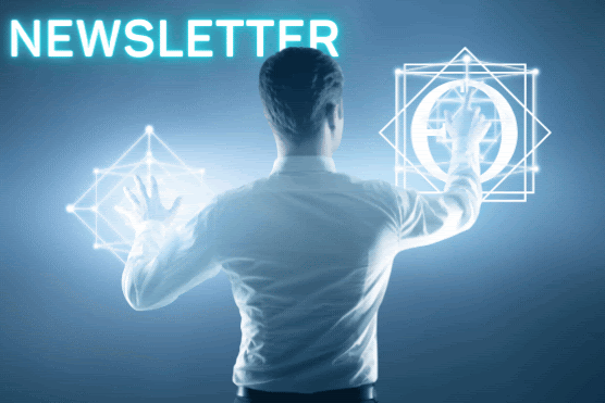 Una persona interactua amb símbols digitals a la pantalla. La paraula "NEWSLETTER" apareix a la part superior i apareixen dues icones geomètriques davant de la figura, que suggereixen una interfície digital. Això forma part del butlletí oficial de l'OES publicat el 09/02/2024.