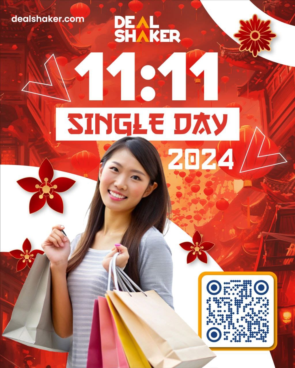 Una dona somrient celebra Double Eleven amb l'emoció de DealShaker sostenint una bossa de la compra amb "Singles' Day at 11:11 2024" amb un codi QR sobre un fons festiu vermell brillant.