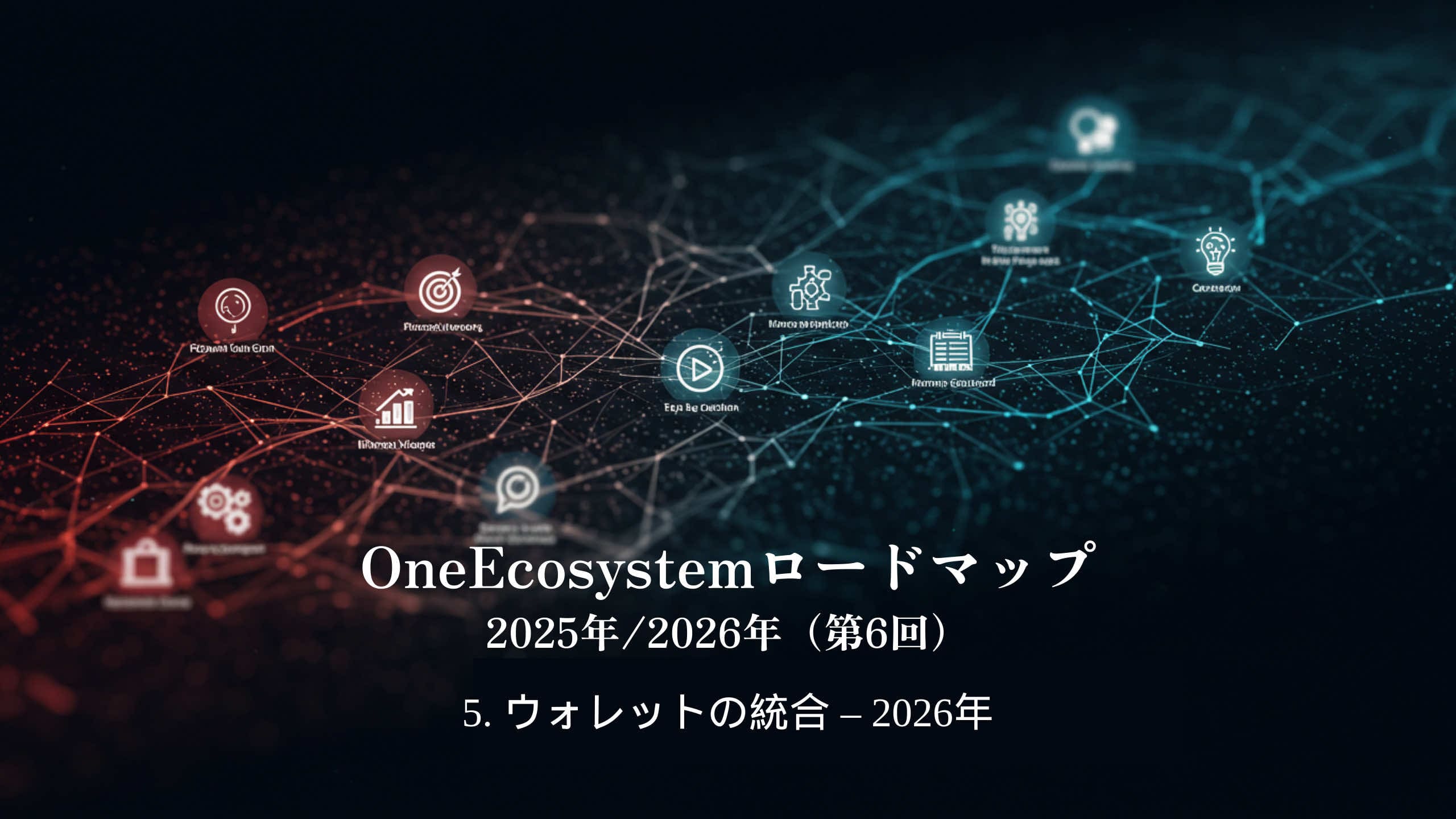 La xarxa digital d'icones interconnectades posa èmfasi en la tecnologia blockchain i cartera. El text japonès diu: "OneEcosystem Roadmap 2026 - Wallet Integration" (Wallet Integration - 2026).