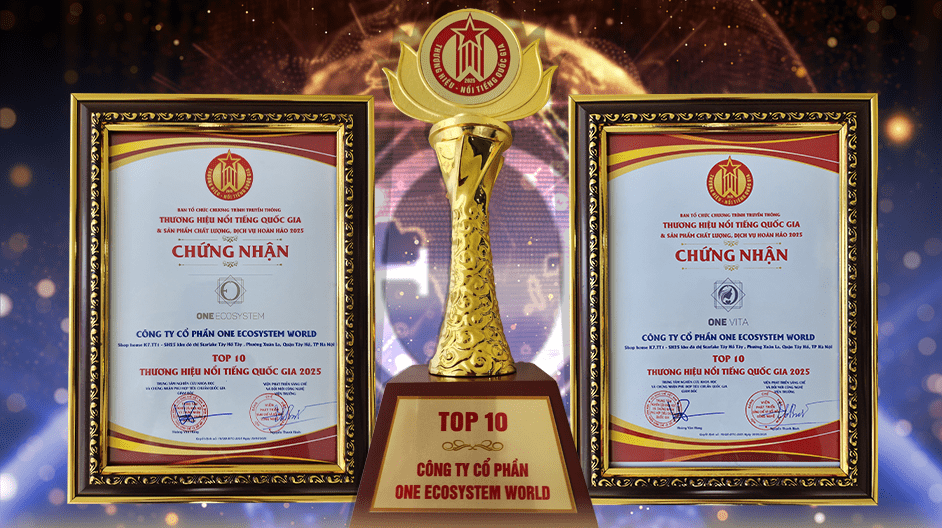 Top 10 Công ty Cổ Phần One Ecosystem World" es troba sobre un fons de brillantor blau i daurat entre dos marcs d'imatges que indiquen One VITA i la marca nacional certificada vietnamita.