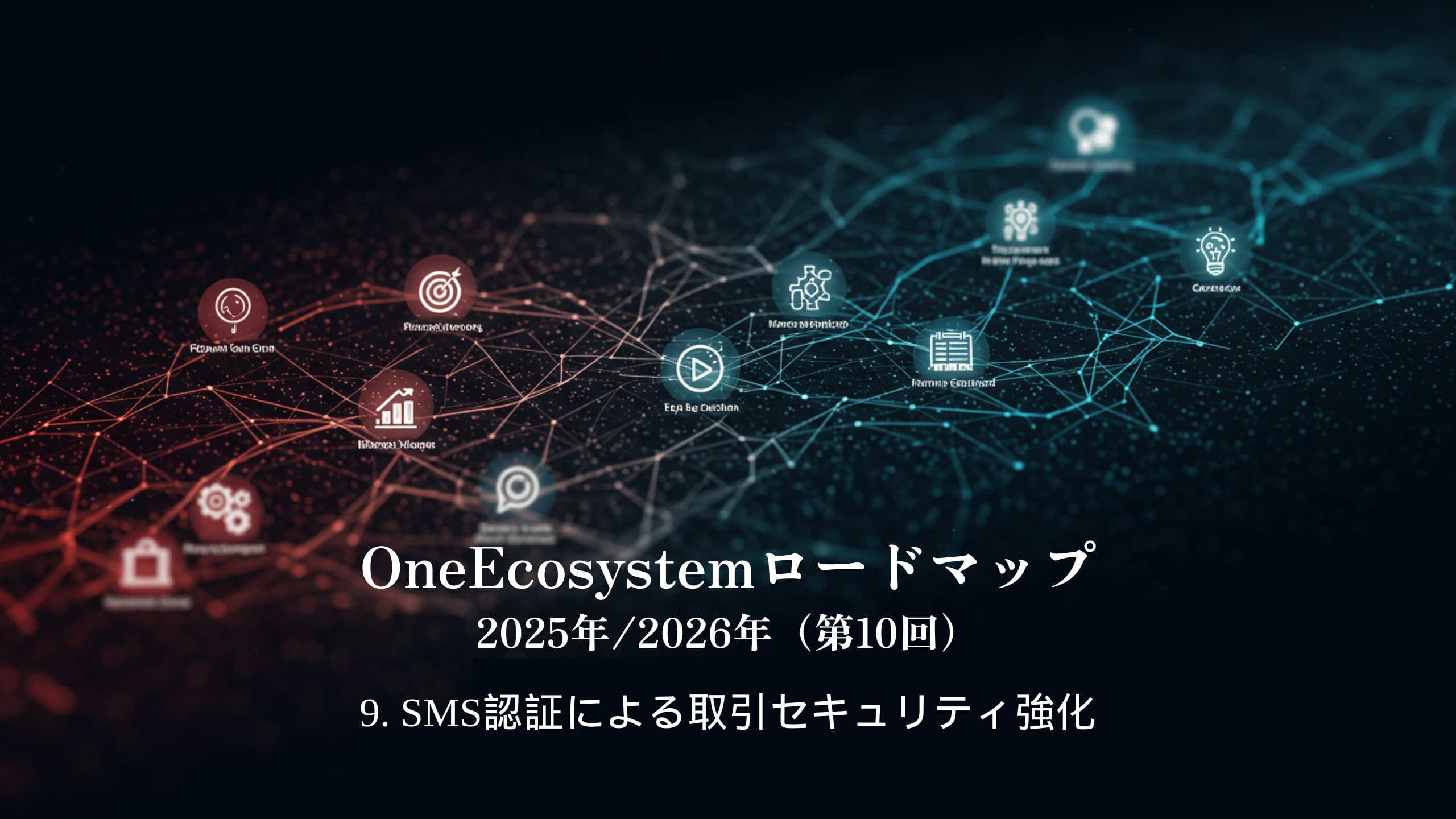 Gràfics de xarxa digitals amb icones i nodes interconnectats que destaquen un ecosistema. El text japonès diu: "OneEcosystem Roadmap 2025/2026 (10th) 9. Reforçar la seguretat de les transaccions mitjançant l'autenticació per SMS".