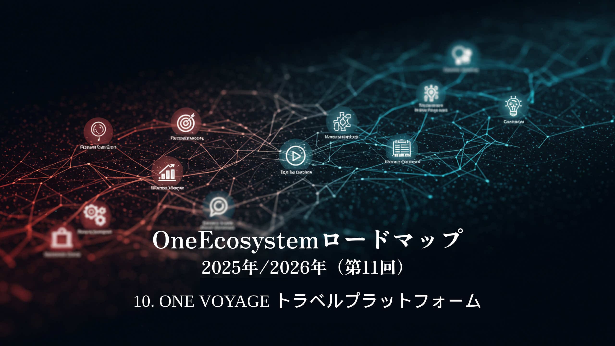 Gràfic de xarxa digital amb icones de blockchain i viatges. El text en japonès diu "Full de ruta d'OneEcosystem 2025/2026 (11a edició) 10. Plataforma de viatges ONE VOYAGE".
