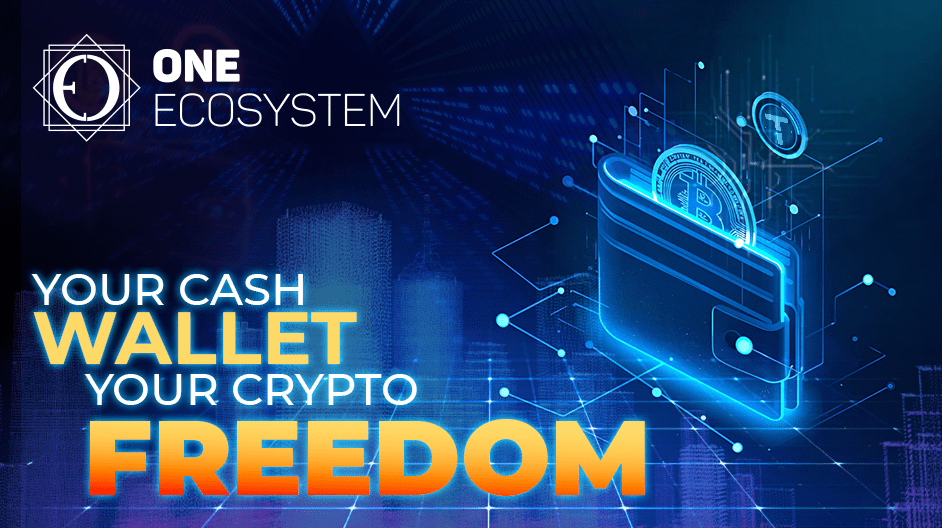 Des de la interfície blava brillant, apareix una cartera digital amb monedes de criptomonedes. El text diu: "Un ecosistema, la teva cartera d'efectiu. La teva llibertat criptogràfica. "El fons representa un patró de xarxes digitals i llums de la ciutat, destacant l'última actualització.