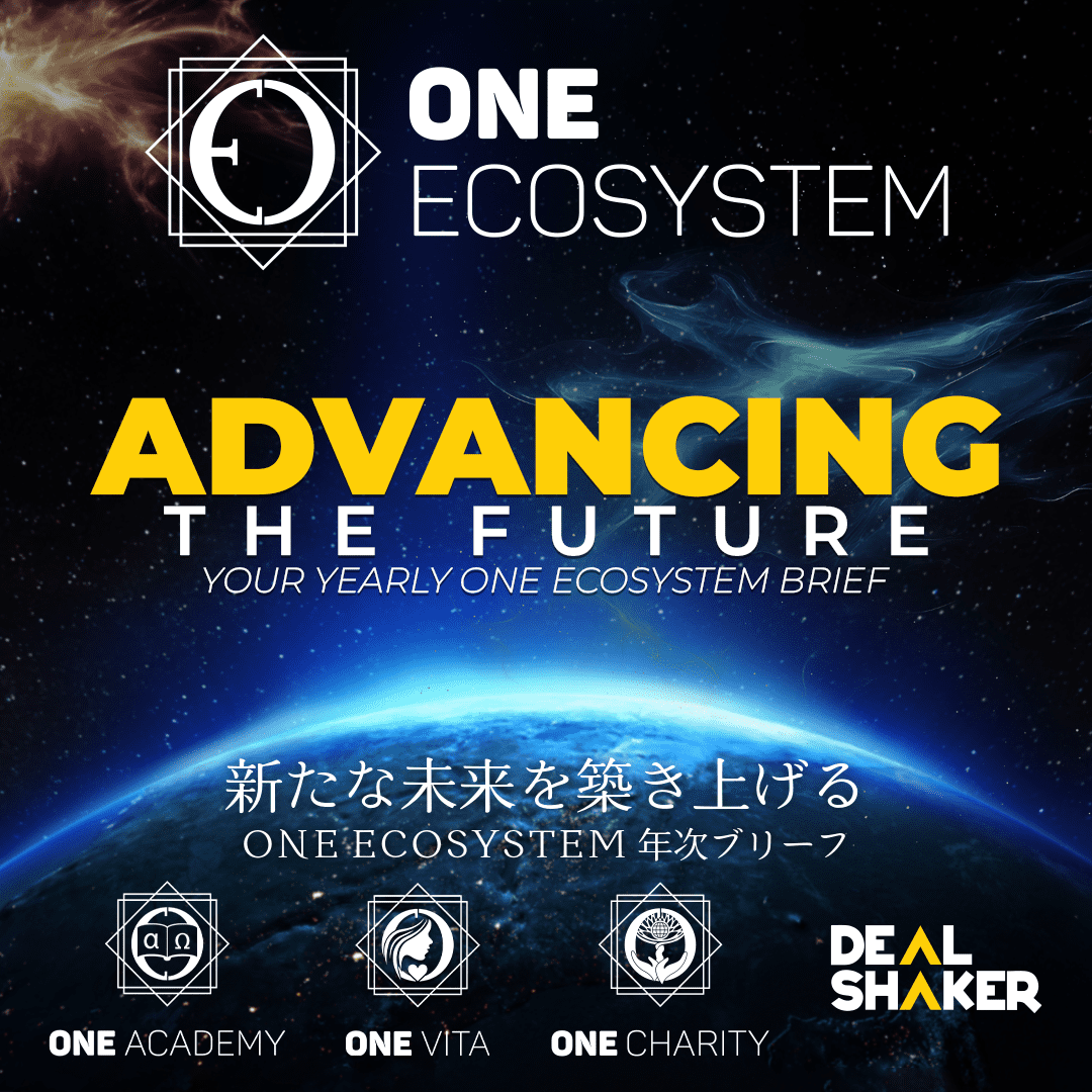 El gràfic promocional d'ONE ECOSYSTEM mostra la Terra vista des de l'espai, text groc en negreta amb "ADVANCING THE FUTURE" escrit i text japonès a sota. A la part inferior, podeu trobar els logotips de ONE Academy, ONE Vita, ONE Charity i DealShaker.