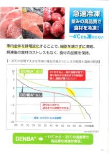 肉とイチゴの冷凍方法を比較した図。温度グラフと細胞損傷の程度を示している。 日本語のテキスト、製品画像、およびDENBA+ Freshの独自技術を用いた食品の鮮度保持に関する注記が含まれています。家庭用冷蔵庫内で静電波を発生させ、食材の鮮度を保持します。冷蔵庫後付けタイプの空間電位発生装置。高陽社の急速冷凍技術。 食品の保存効率を向上させるための「冷蔵庫後付け（レトロフィット設置）」のメリットを強調しています。.